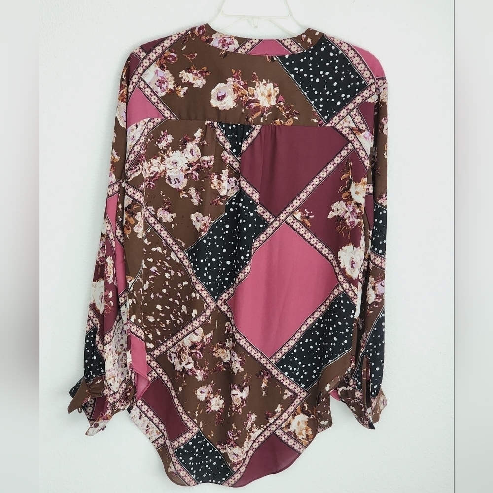 Maurices Patchwork Tunic Blouse Pullover Semi-Sheer Long Sleeve Button Cuff- M - Picture 7 of 13